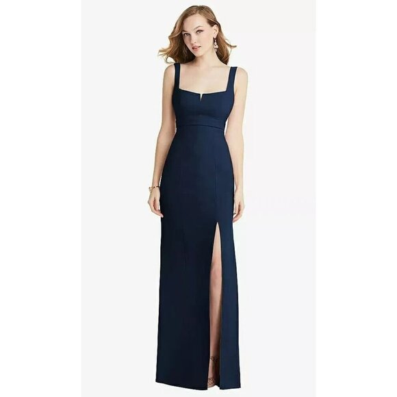 AFTER SIX Wide Strap Notch Empire Waist Dress With Front Slit Midnight Navy 10 - Picture 1 of 11